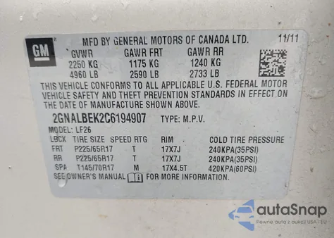 2012 Chevrolet Equinox Ls из США, поврежденный, VIN 2GNALBEK2C6194907